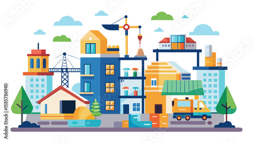 Vector art of a vibrant illustration of a city under construction, featuring cranes, buildings, and houses