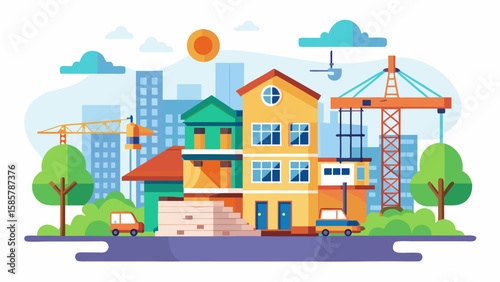 Vector art of an illustration showcases a residential construction site with houses, cranes, and cars