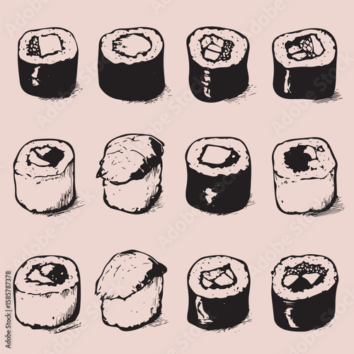 set of vector drawing design of suhi rolls 