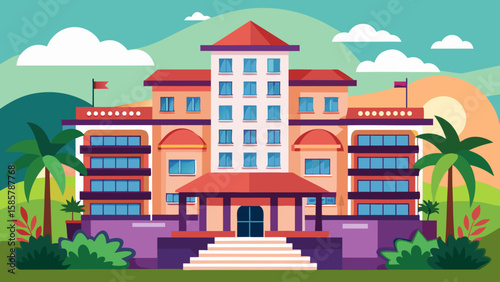 Vector art of a colorful, flat design illustration of a grand hotel with flags, palm trees, and lush greenery under a bright, partly cloudy sky