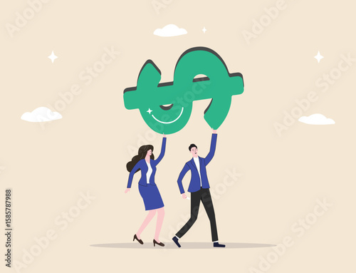 People carrying dollar banknotes symbolize capital, salary, income, and wages representing concepts like payment, purchasing power, investment, taxation, economics, and inflation.