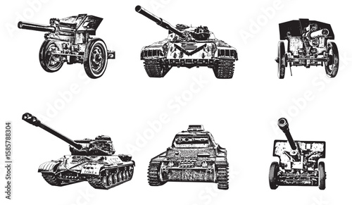 Tank and Artillery Collection, Vector Illustration Isolated on White Background.