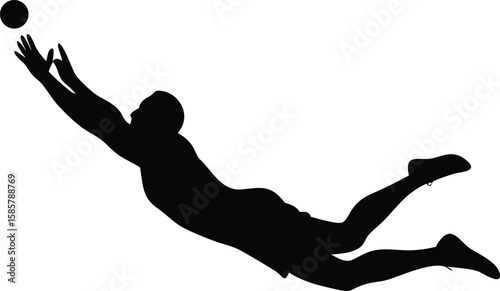 Silhouette of a goalkeeper diving to catch a ball in a dynamic pose