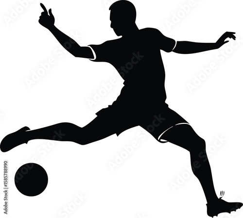Silhouette of a soccer player in action kicking a ball with intensity