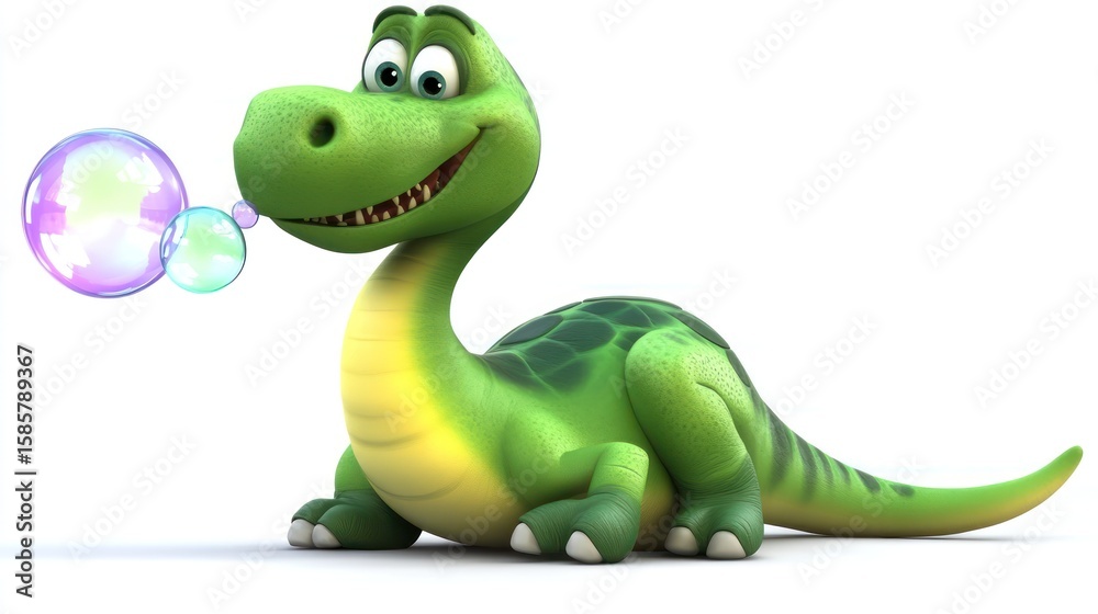 Fototapeta premium Cartoon dinosaur blowing bubbles