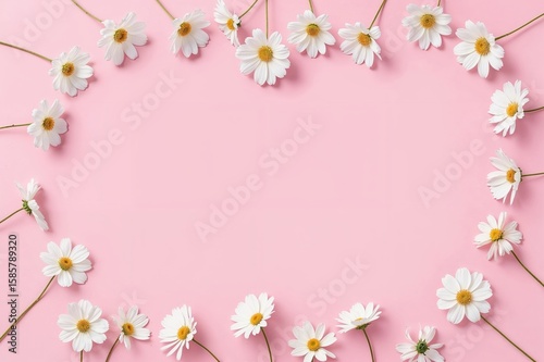 Fresh White Daisies Arranged in Circle, Soft Pink Background, Nature-Inspired Flat Lay for Invitations or Promotions

