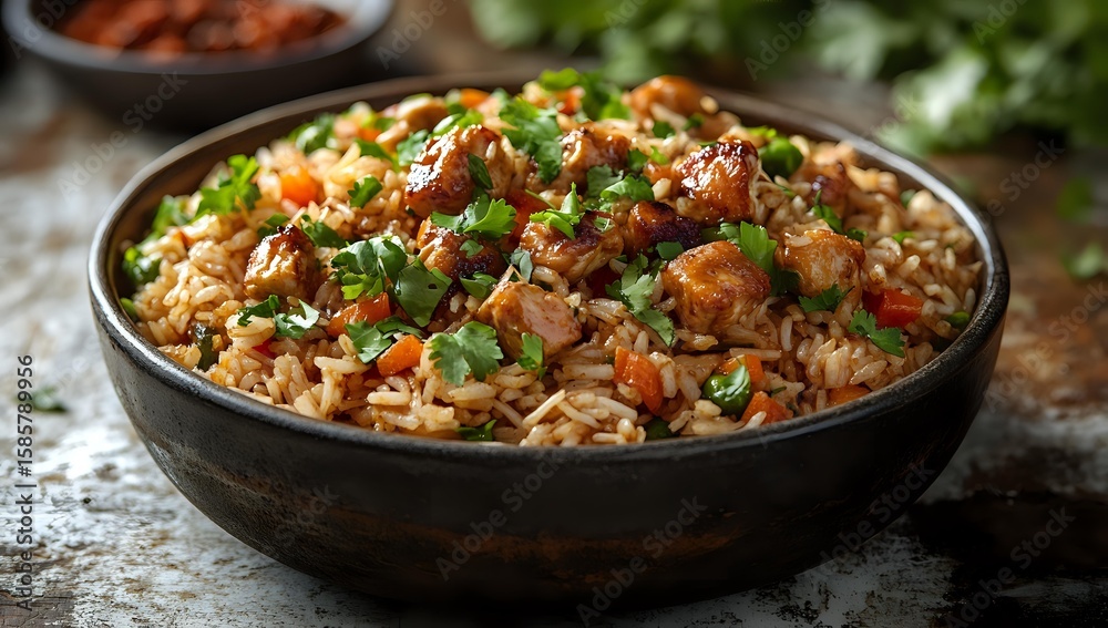 Aromatic fried rice with tender chicken pieces, fresh carrots, and green onions garnished with cilantro in rustic ceramic bowl on dark background. Food photography. Aromatic fried rice with tender chicken pieces, fresh carrots, and green onions garnished with cilantro in rustic ceramic bowl on dark background. Food photography.