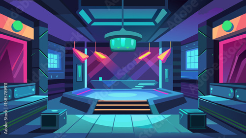 Vector art of a futuristic nightclub interior with a central stage, vibrant neon lights, and modern seating