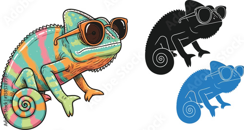 Cool chameleon wearing sunglasses vector illustration set