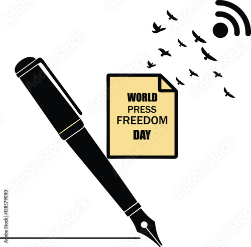 Fountain pen symbolizes freedom of the press with birds and wi fi signal