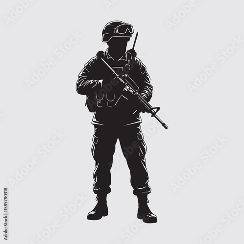 Silhouette of a soldier with a weapon on the battlefield