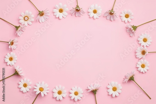 White Daisies Flower Frame on Pink Background, Floral Border Design, Blank Copy Space, Fresh Spring Flowers, Nature Flat Lay, Template for Text, Minimal Aesthetic, Botanical Mockup

