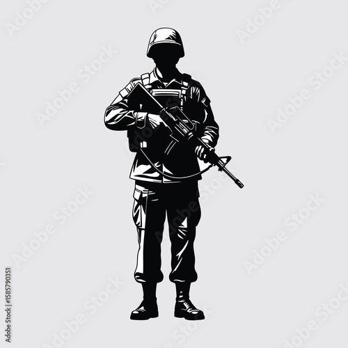 Silhouette of a soldier with a weapon on the battlefield