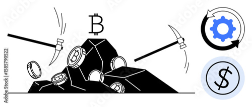 Pickaxes extracting Bitcoin coins from rocks, emphasizing cryptocurrency, blockchain operations, and decentralized finance. Ideal for mining, investment, technology, innovation, automation digital