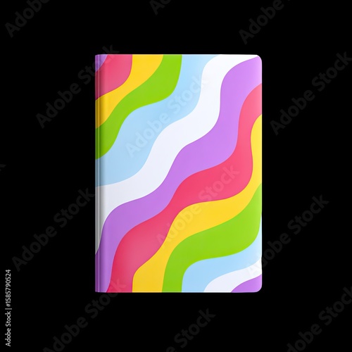 Colorful Abstract Notebook with Wavy Patterns in Vibrant Shades on Isolated Black Background