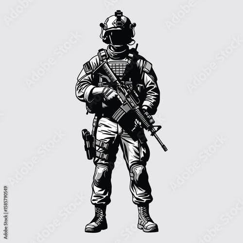Silhouette of a soldier with a weapon on the battlefield