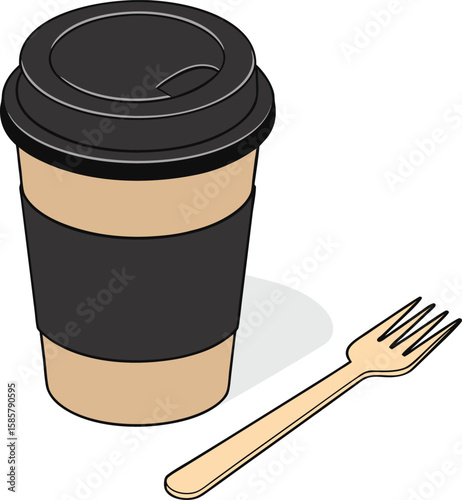 Disposable coffee cup and wooden fork on a white background