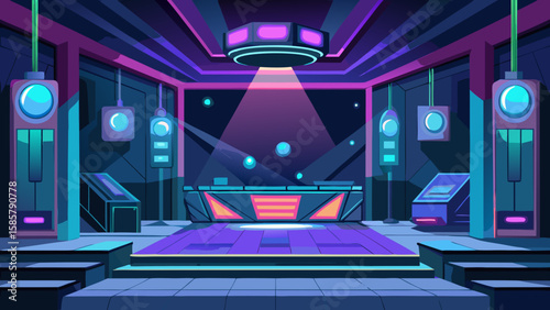 Vector art of a stylish stage with a dj booth and a glowing dance floor, illuminated by colorful spotlights and modern fixtures