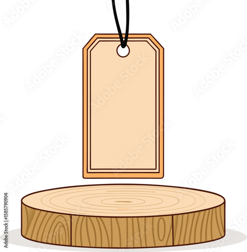 Blank tag hanging above a wooden slice podium for product display
