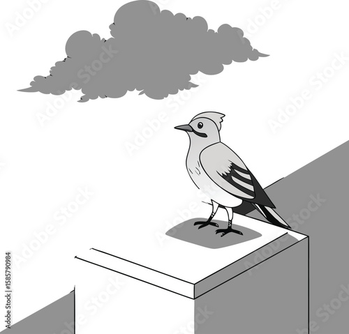 A bird perched on a ledge under a stormy cloud in a simple illustration