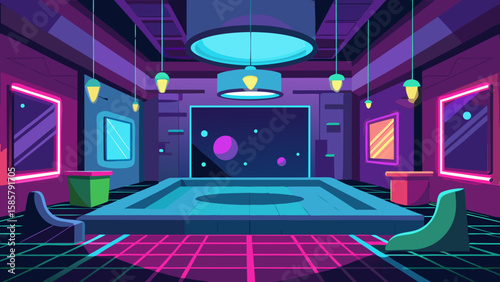 Vector art of an immersive futuristic interior with a central pool, glowing lamps, and a cosmic display on the screen