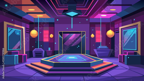 Vector art of a dramatic futuristic stage with a multilevel platform and captivating neon lights, set for performance