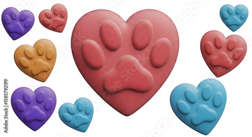 Colorful heart shaped pet treats with paw prints