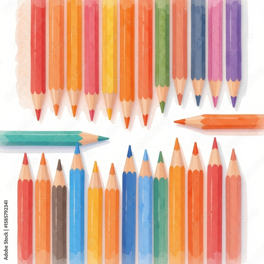 Fototapeta premium a collection of pencils, arranged in a 3x3 grid on a white background, watercolor style