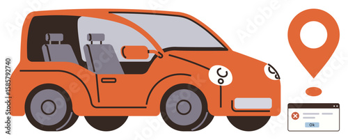 Compact red vehicle, large map pin denoting location, error notification panel emphasizing navigation errors. Ideal for travel, transportation, maps, error, mobility, road trip user interface
