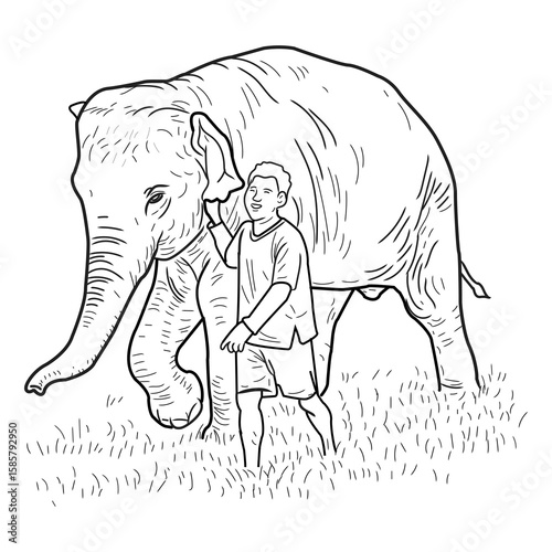 Elephant Keeper,elephant calf, The elephant calf was walks with its elephant keeper,elephant keeper walks a baby elephant on the grass.EPS10 vector