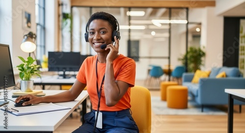 Happy Customer Service Representative Working Remote