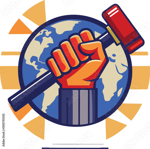 Fist holding a gavel over the earth symbolizing justice and global power