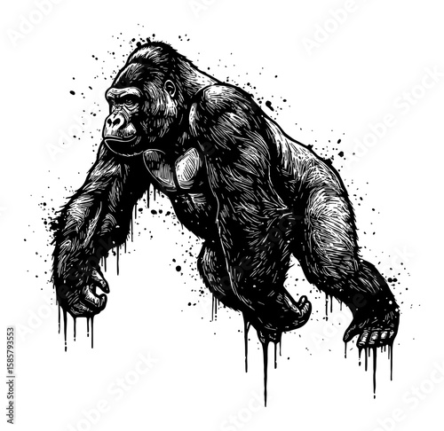 Gorilla Running Drip Splat Abstract Surreal Paint Messy Deep Solid Black Black and White Outline Line Art Drawing