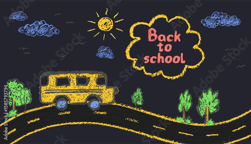 Yellow school bus on a road with trees, sun, clouds and folk of birds in the sky. Wax crayon style, drawn like on black chalkboard. Fun kindergarten theme for back to school in autumn. Vector sketch