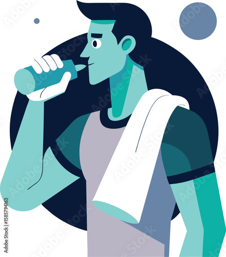 Fit man drinks water from bottle after exercise with towel
