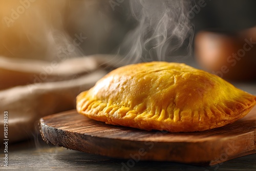 Close-up of a freshly baked Jamaican patty on a rustic wooden plate, steam rising, golden flaky crust in sharp focus. Blurred neutral background 
