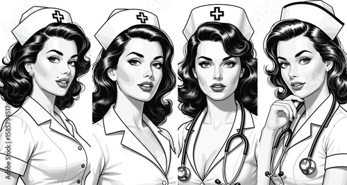 Four retro pinup style nurses show classic vintage healthcare design