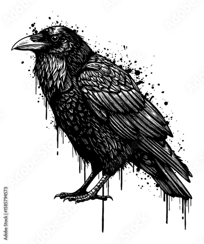 Abstract Surreal Raven Black and White Outline Line Art Drawing with Messy Paint Drip and Splat Style Filling Screen