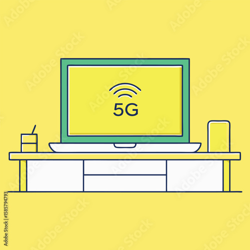 Flat illustration of a laptop displaying 5 G signal on a yellow background technology internet