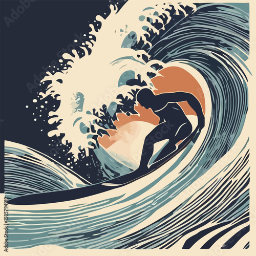 Surfer riding a large wave, silhouetted against a sunset, with stylized water and foam details.