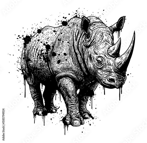 Black Rhino Abstract Surreal Paint Messy Style Drip Splat Big Solid Black and White Outline Line Art Drawing