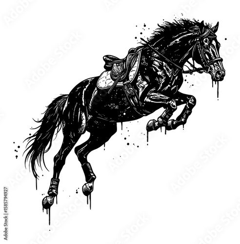Black Horse Jumping with Drip Splatter Abstract Surreal Messy Paint Style Black and White Outline Line Art Drawing