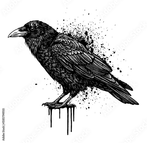 Messy Abstract Surreal Crow Paint Splatter Drip Black and White Outline Line Art Drawing Illustration Style