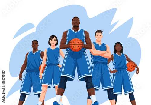 A diverse basketball team standing together, a powerful team portrait.