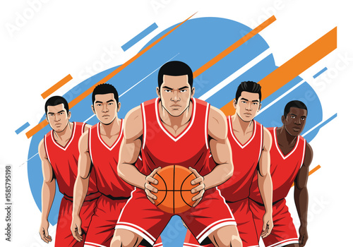 A diverse and confident basketball team portrait.