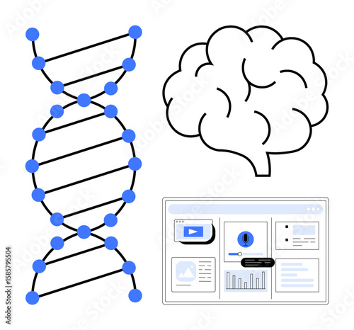 DNA helix beside a brain outline and a digital dashboard illustrating connections between genetics, neuroscience, and data-driven analysis. Ideal for innovation, research, health, AI, education