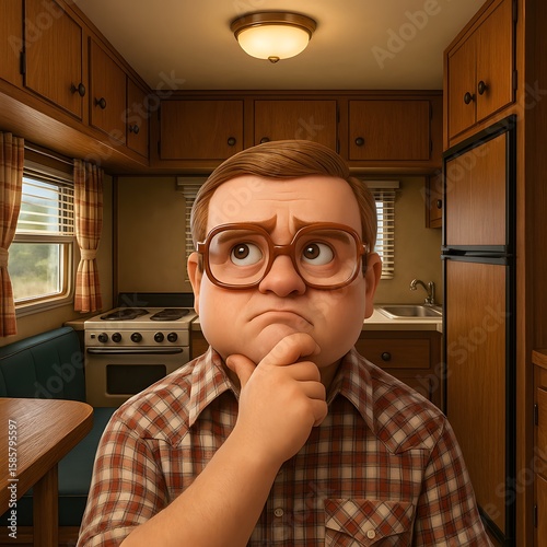 3d cartoon character of the men thinking on the kitchen