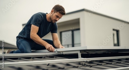 Professional attaching solar panel frame emphasizing clean energy advancement.