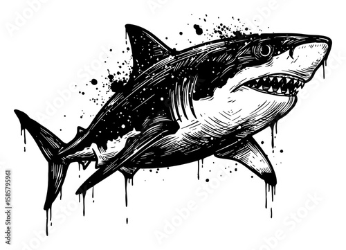 Abstract Surreal Shark Painting Messy Style Deep Solid Black Drip and Splat Black and White Outline Line Art Drawing