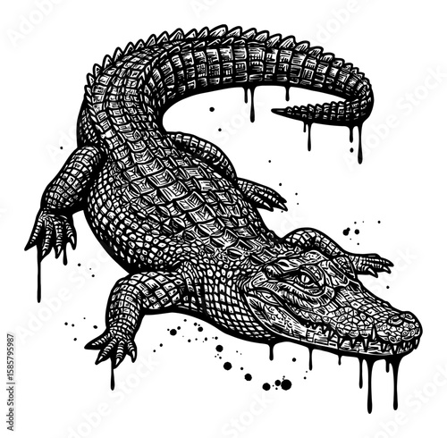 Aligator Abstract Surreal Paint Messy Drip and Splat Everywhere Deep Solid Black Black and White Outline Line Art Drawing